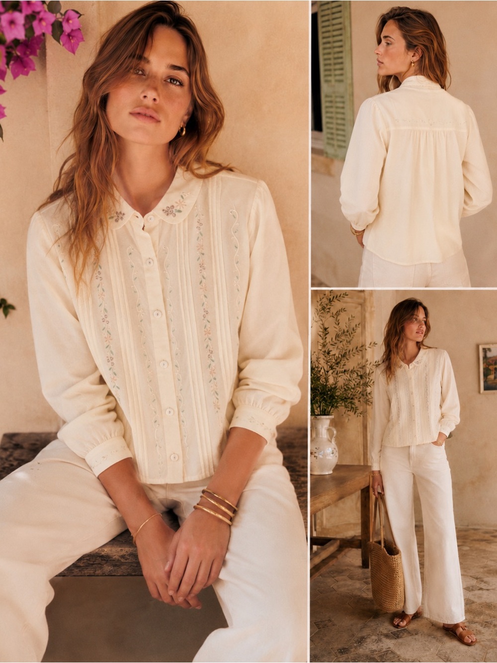 Vintage Silk Floral Embroidered Cream Button-Up Blouse XS*